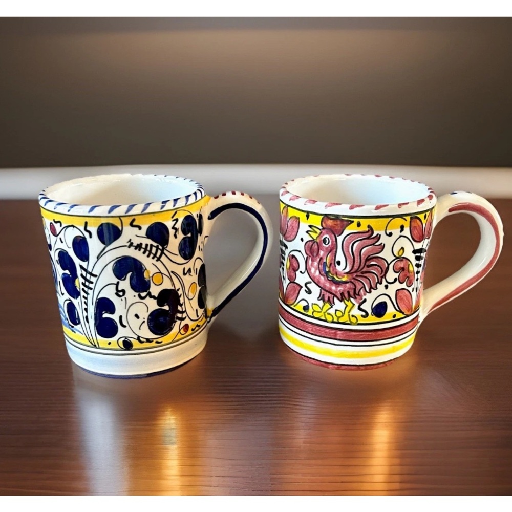 Ricco Deruta Italian Hand Painted Rooster Orvieto Ceramic Mugs SET OF 2 Red/Blue